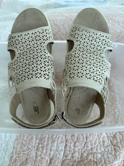 JB Women's Cream Laser-Cut Wedge Sandals