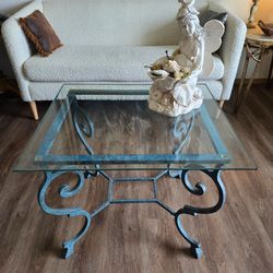Wrought Iron Glass Top Side Table with Blue Patina and Attached Fairy Sculpture $30 firm