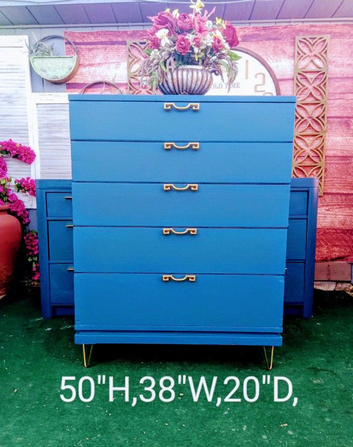 Huge Blue MCM 5/Drawer Solid Wood Dresser 