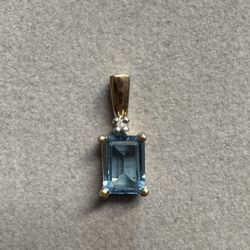 10K Solid Gold Emerald Cut Blue Topaz & Diamond Accented Pendant 1g