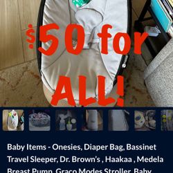 Baby Items - Onesies, Diaper Bag, Bassinet Travel Sleeper, Dr. Brown’s , Haakaa , Medela Breast Pump, Graco Modes Stroller, Baby Rocker
