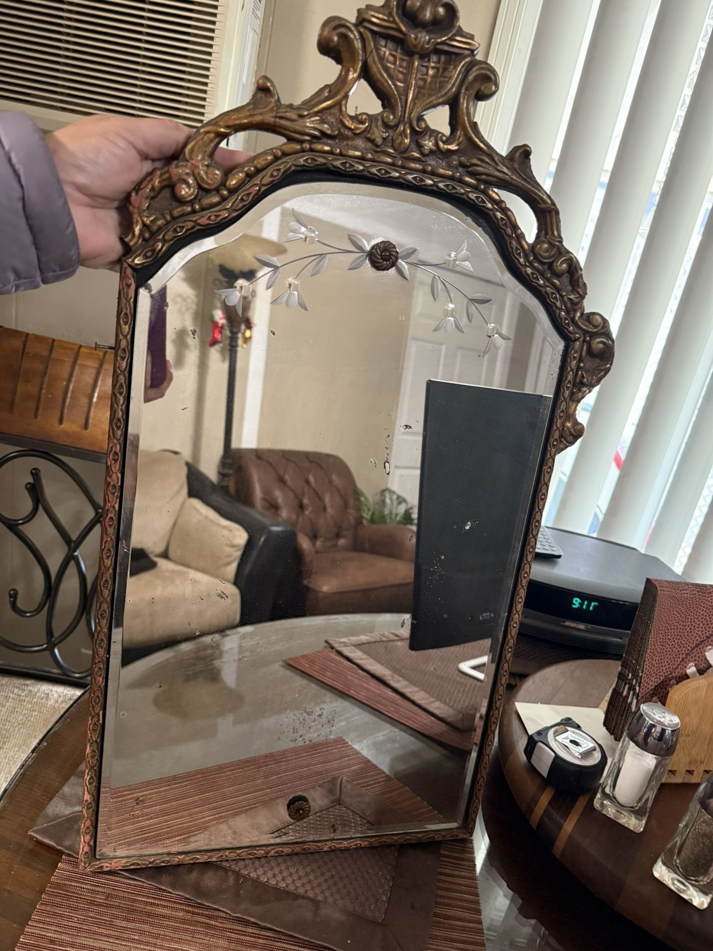 Antique Mirror Framed In Wood With Design