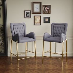 Gray Tufted Bar Stools with Gold Legs – Set of 2