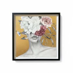 “Flower Crown” by Marmont Hill Gold Foil Art Painting Framed in Shadowbox Glass, 18x18