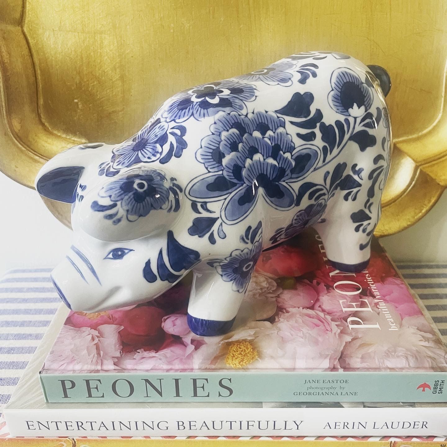 12” L Floral Blue and White Ceramic Pig Figurine