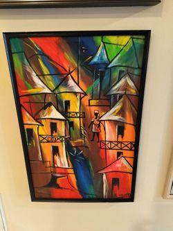 Vintage Vibrant Abstract Haitian Folk Art Framed Painting Depicting a Colorful Caribbean or Haitian Village