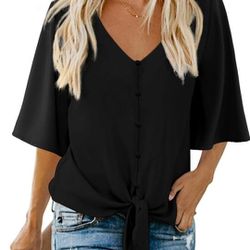 liffan Casual V Neck Batwing Sleeve, Tie Front Chiffron - Size: 2XL