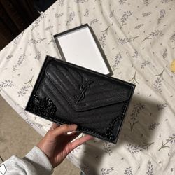 YSL Classic Cassandre Envelope Chain Wallet in Grain De Poudre Leather 