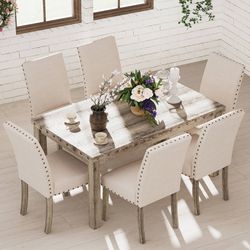 7pcs Wooden Dining Table Set Rustic Rectangle Table and Upholstered Chair for Kitchen, Restaurant