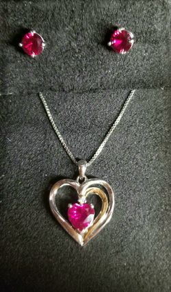 Ruby Two Tone Gold & Silver Heart Pendant & Ruby Necklace w/ Ruby Stud Earrings