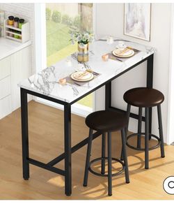 39.3" Bar Table Set of 2,Faux Marble Pub Height Table and Chairs Set of 2 with Upholstered Stools,3 Piece Bar Table and Chairs Set Dining Table Set fo