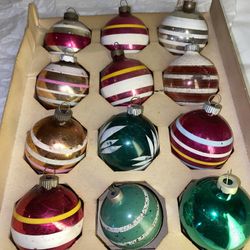 Vtg Shiny Bright? Glass Ornaments GERMAN Striped mica mix box set