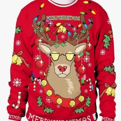 Unisex Size S  Ugly Christmas Red Reindeer. 100% Polyester. Colorful House.