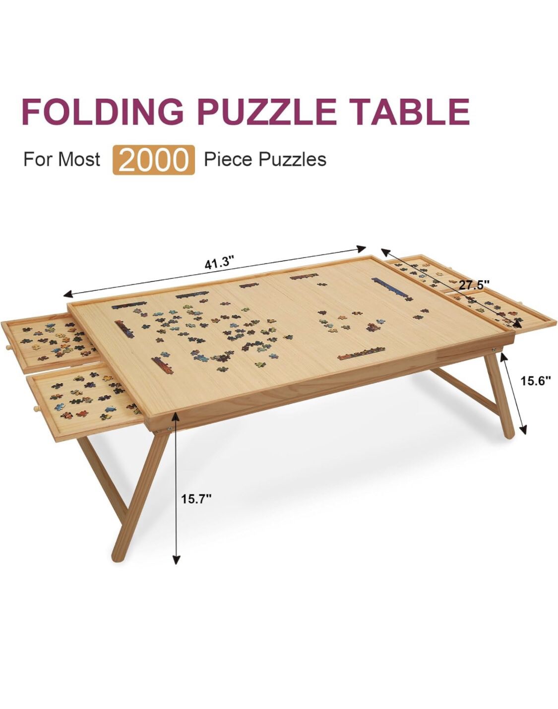 2000 Piece Portable Puzzle Table with Folding Legs, 41.3"X27.5" Wooden Jigsaw Puzzle Board with 4 Drawers & Cover, Family Multifunctional Folding Tabl