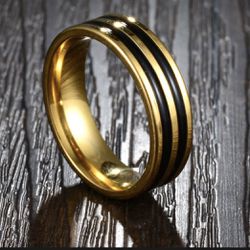  Stainless steel Two Black Line Gold Ring