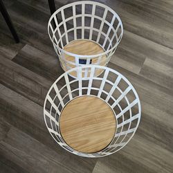 2 New White Round Metal Storage Baskets With Wood Bottoms