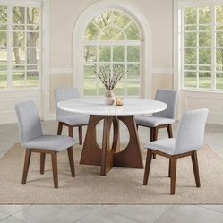 Brand New Organic Modern Walnut Genuine Marble Top 5pc Dining Table Set 