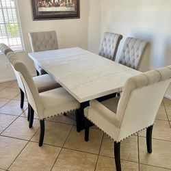 7pc Marble Dining Table Set With Tufted Chairs