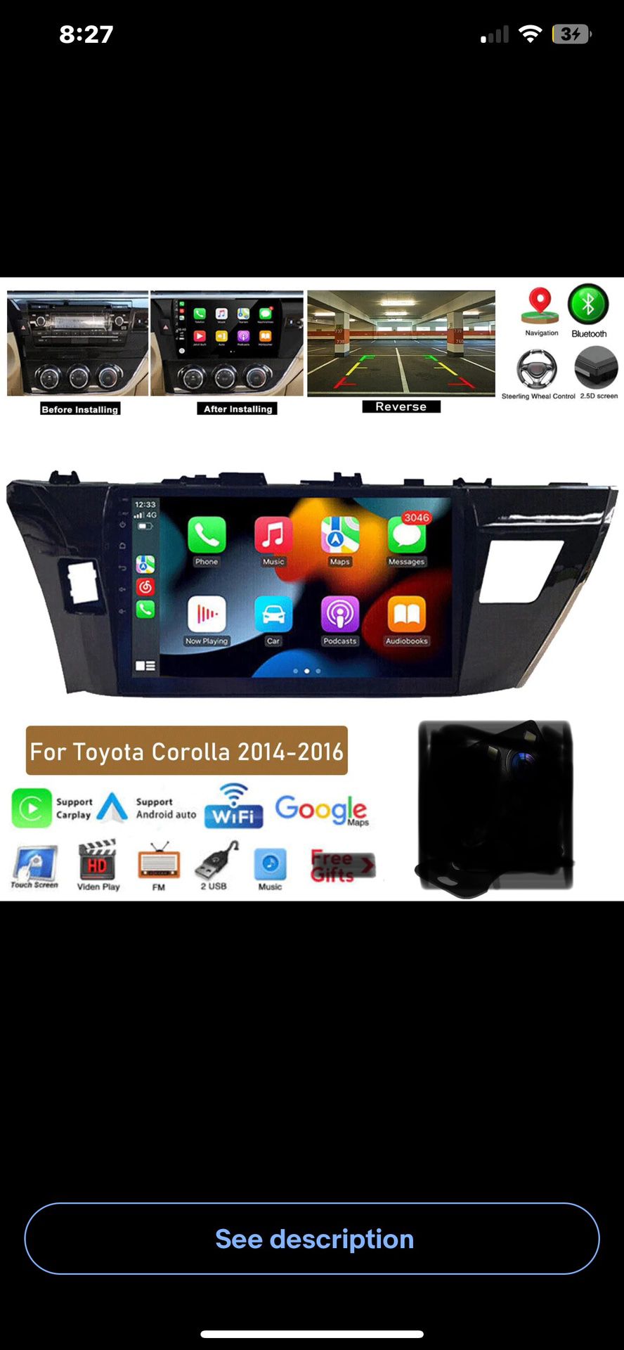 Wireless Apple Carplay for Toyota corolla 2014-2016 Car Stereo, 10” Touchscreen,GPS,wifi,FM🔥$113🔥only