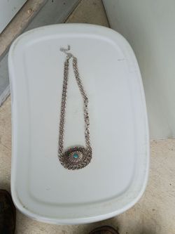 Silver Concho Chain Necklace with Turquoise Stone