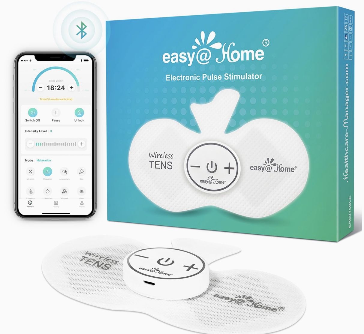 Easy@Home Wireless TENS Unit with APP Remote Control: Back Pain Relief Muscle Stimulator Massager | Powered by MyPainOff App iOS & Android App | Pain