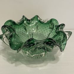 Murano Glass Controlled Bubble Green And Clear Bowl