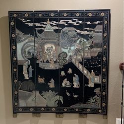 Vintage Chinese Black Lacquer 4 Panel Screen