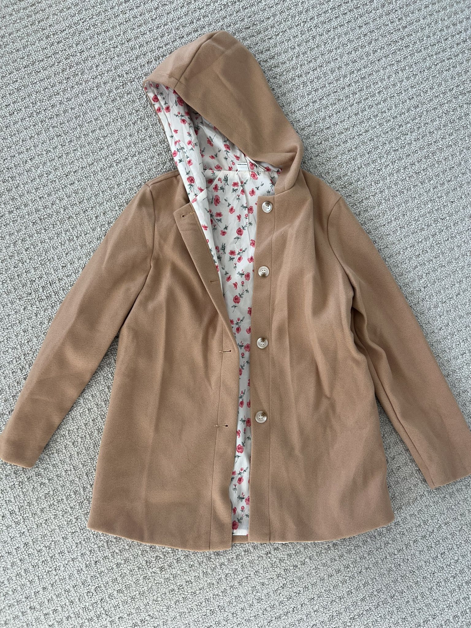 big girls size 10 tan jacket with floral lining hoodie buttons outerwear trench coat brand new fall