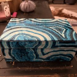 Beautiful faux agate hinged glass brass jewelry box. 