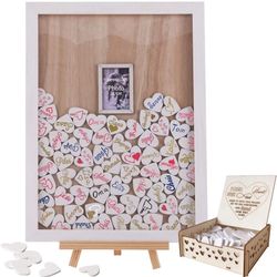 Wedding Guest Book Alternative, Black Wooden Wedding Frame Guest Book Drop Box with Stand， Wedding Signs Guest Book and 80 Wooden Heart for Wedding Re