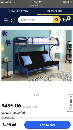 Blue bunk bed with futon on bottom!