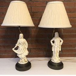 Vintage Bisque Figural Table Lamps. Colonial Male and Female Figurines