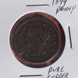 1844 Large Cent Braided Hair Penny  