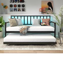 Twin Size Bed With Trundle LED lights & Plug In