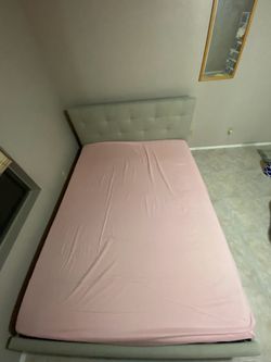 Queen Bed Frame + Mattress + Mattress Cover – $80