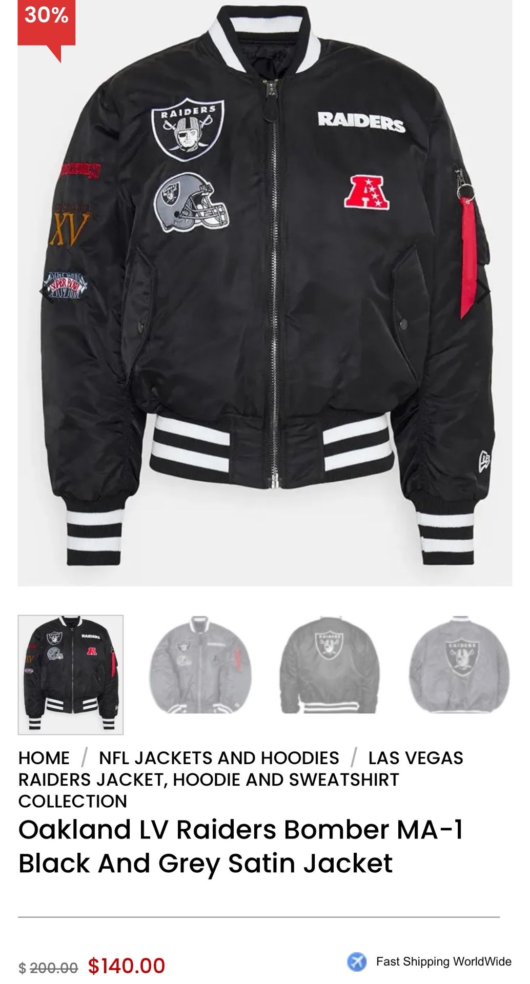 Oakland LV Raiders Bomber MA-1 Black And Grey Satin Jacket (Size M)