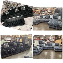 New 5.5x13x5.5ft And 8X13X5FT U SECTIONAL COUCHES  PAISLEY BLACK, PAISLEY GUNMENTAL 