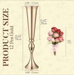 12 Pcs Gold Trumpet Vases 21.65" Tall – Wedding Centerpieces, Metal with Weighted Base – New