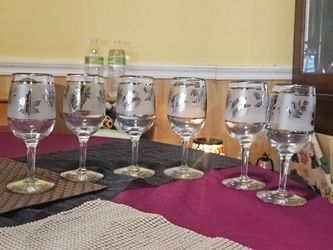 6 Pc Vintage Libbey Drinking Glasses Silver Leaf Frosted Glasses  Set