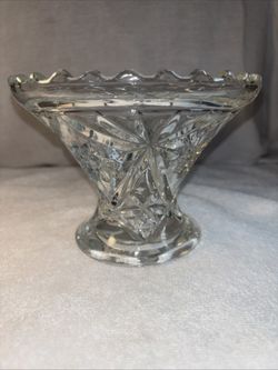 Vintage Pressed Glass Pedestal Compote Bowl Starburst Scalloped Rim
