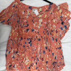 Orange floral blouse with ruffles (XL)