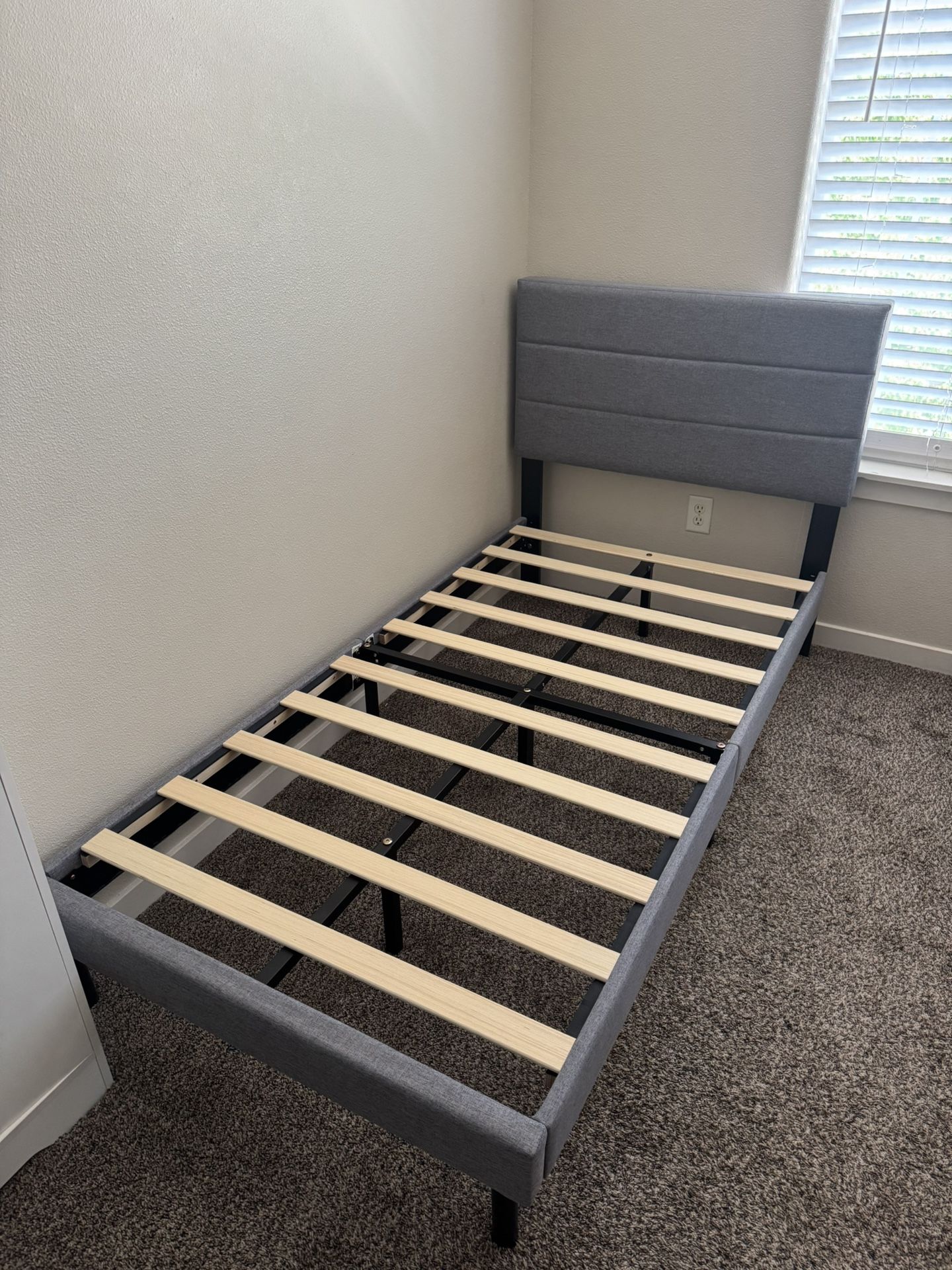 Twin Size Bed Frame with Soft Grey Headboard