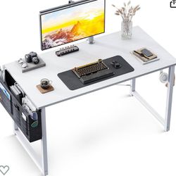 ODK Study Computer Desk 40 inch Home Office Writing Small Desk, Modern Simple Style PC Table with Storage Bag and Headphone Hook, White + White Leg