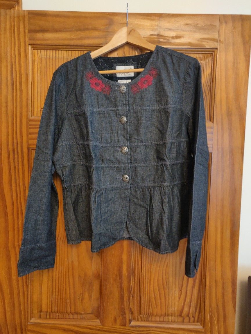 Live a Little Cotton Jacket/Blazer with Red Floral Accents