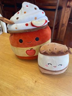 Set of 2 Adorable Squishmallow Plush Toys—10” Cider Latte &  5” Carmelita the  S’More