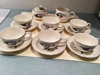 1950s 15 Pcs. Tea Set Homer Laughlin Rhythm Lotus Hai Serves 6 + Sugar Bowl + Creamer