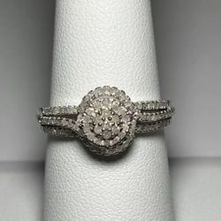 .925 Sterling Silver .45ctw Genuine White Diamond Halo Ring Size 8