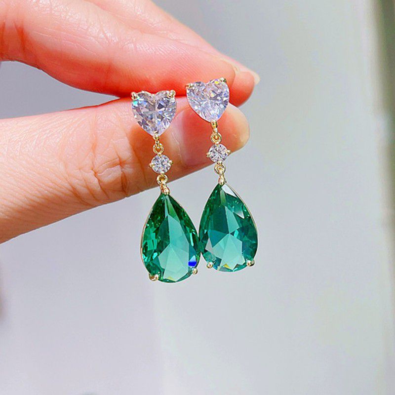 "Green Color Crystal Party Jewelry Waterdrop CZ Earring for Women, HA4529

