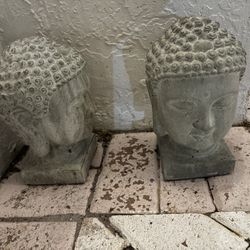 2 Asian Chinese Buddha Bust Statues. Concrete Cement For Garden Or Inside Your Zen Home.  CLOSEOUT PRICE PAIR $50 FIRM. 
