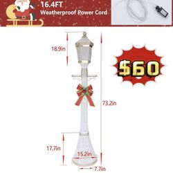 ✌️ 6FT Lighted Freestanding Lamp Post for Christmas Decoration, Pre-Lit Iridescent Post Lamp with 120 LED Lights & Removable Bow, Outdoor 3D Glittered